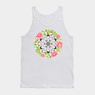 Peach Pink Roses and Mandalas on Lime Green and White Tank Top